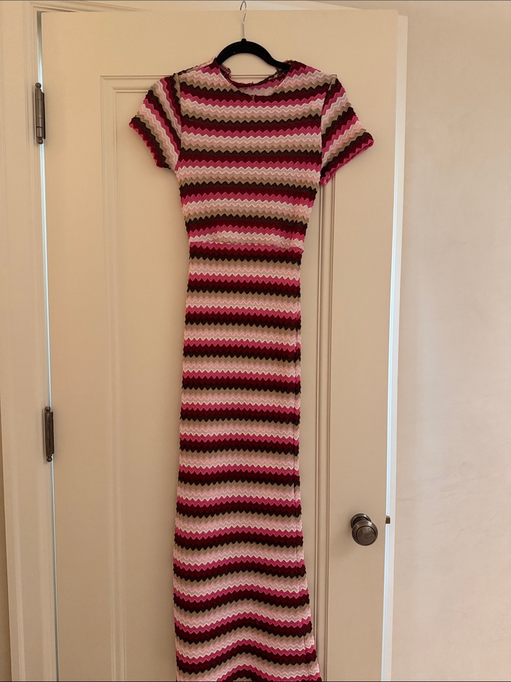 Striped Crochet Maxi Dress in Pink and Brown